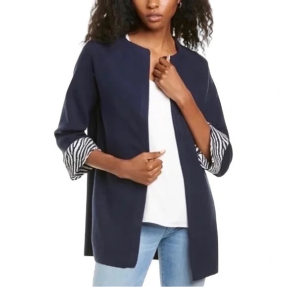 J. McLaughlin Navy Blue Zebra Print Cuff Sleeves Knit  Sweater Cardigan Size M - Picture 1 of 8